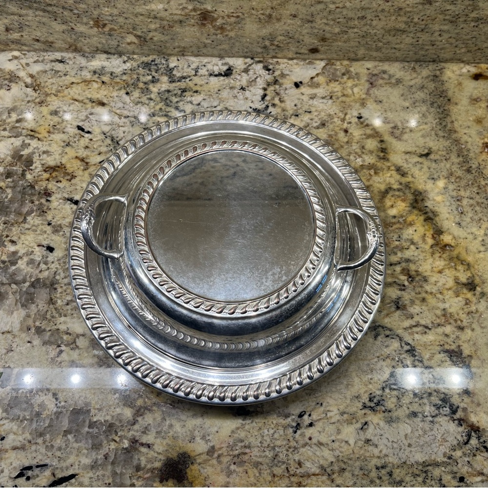 Two-piece Silver-plated Vegetable Serveware with Intricate Design and Handles
